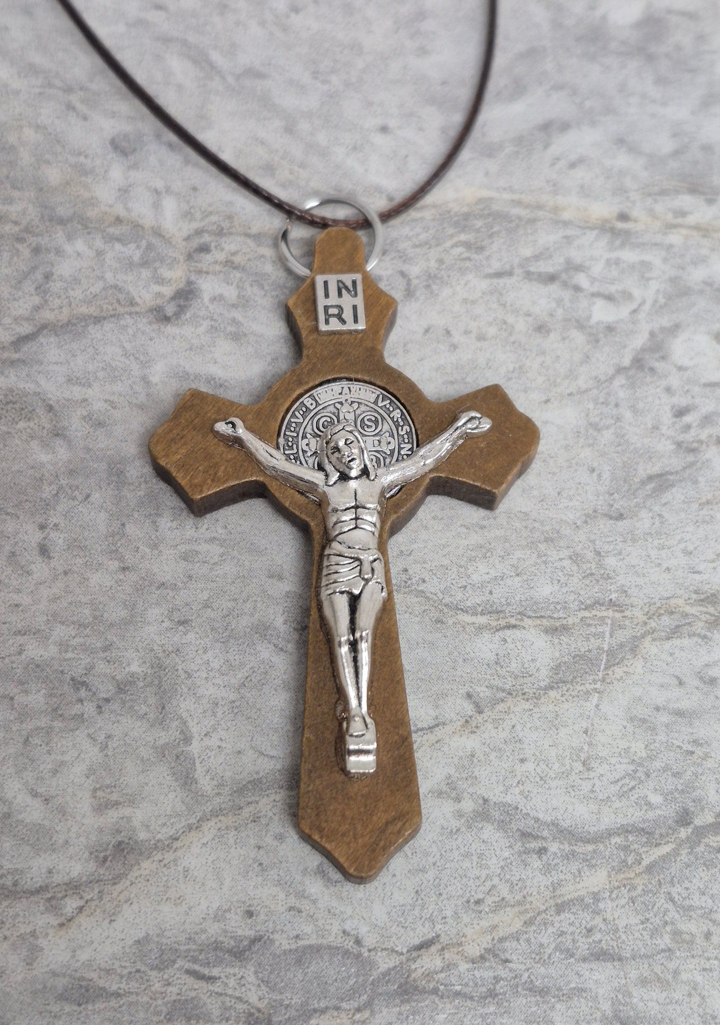 St Benedict Brown Wood Crucifix w/cord