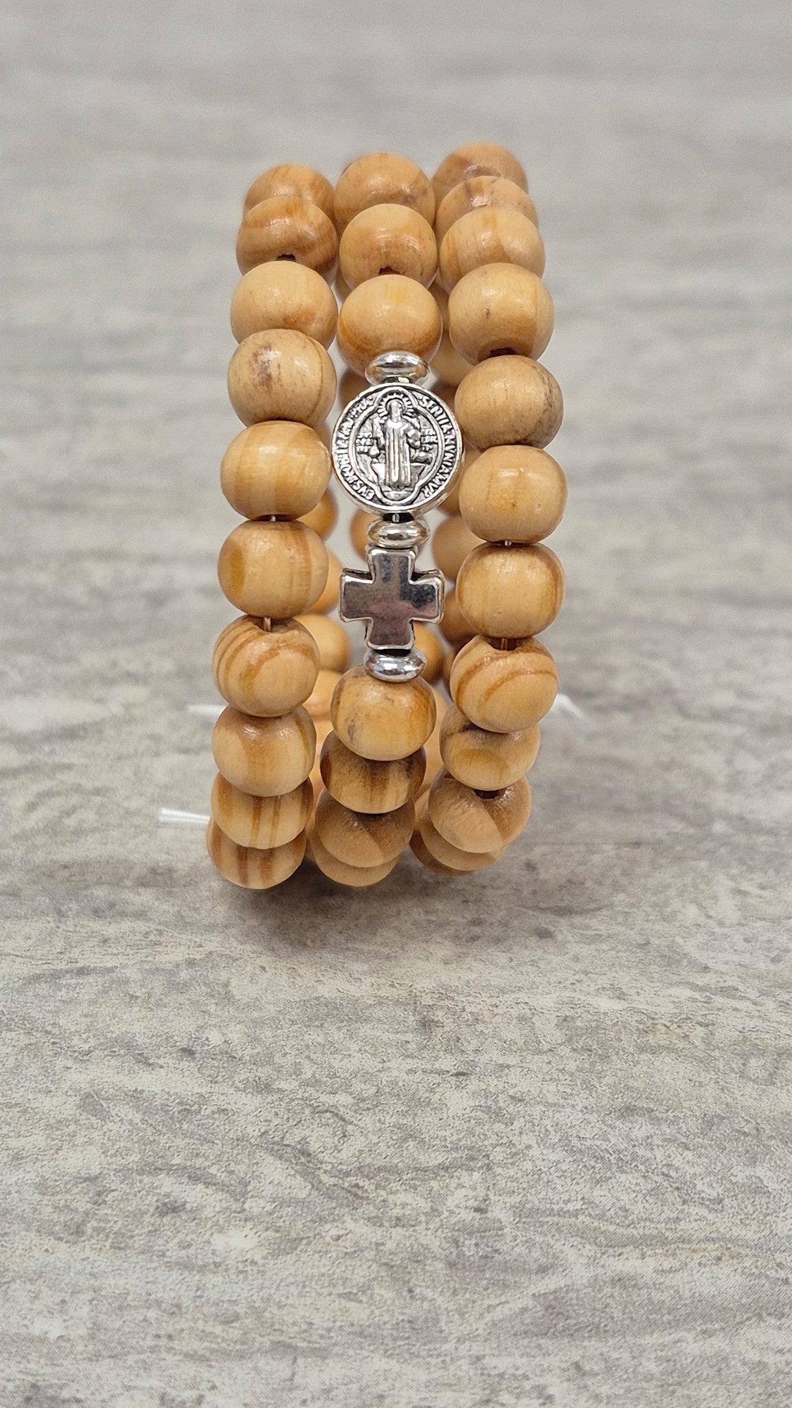 St Benedict Wood Bead Wrap Bracelet