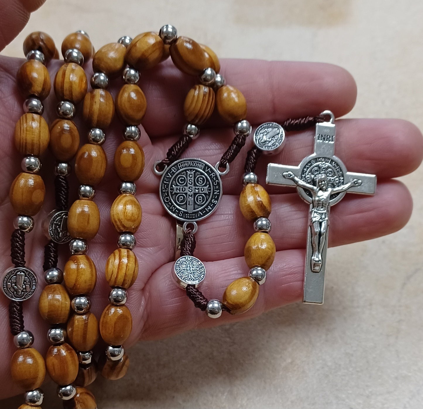 St Benedict Wood Bead Rosary w/metal crucifix