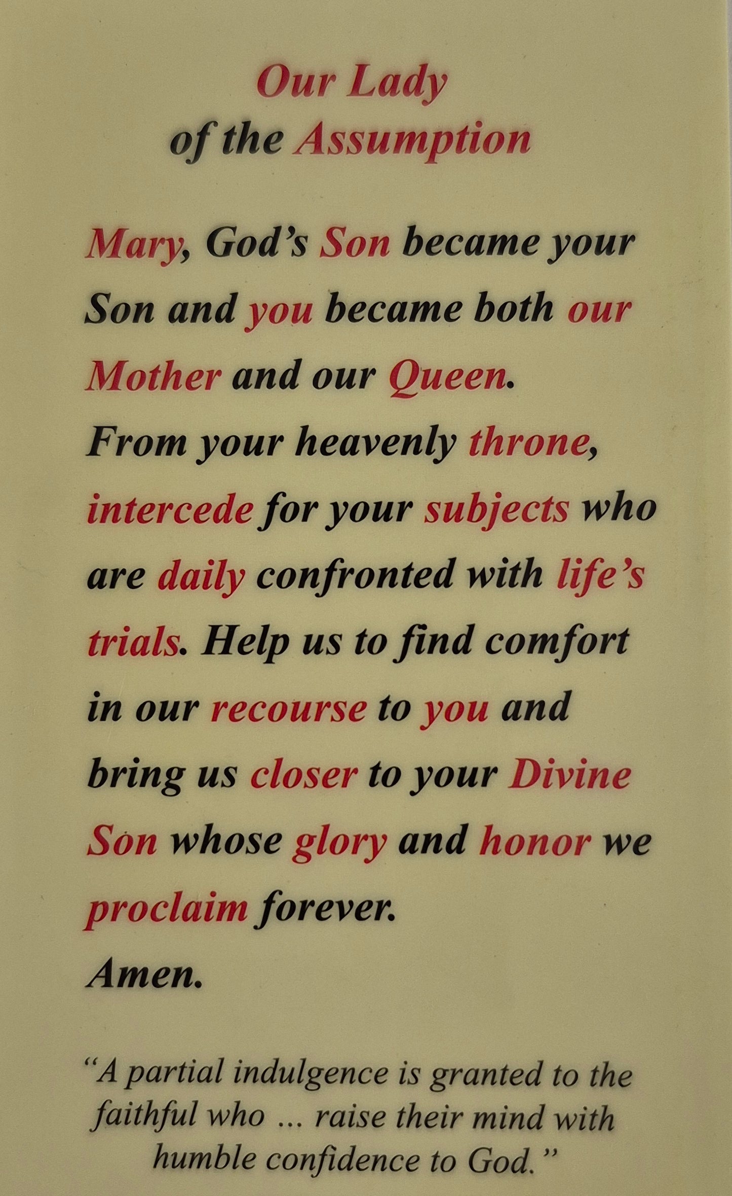 Our Lady of Assumption Laminated Prayer Card