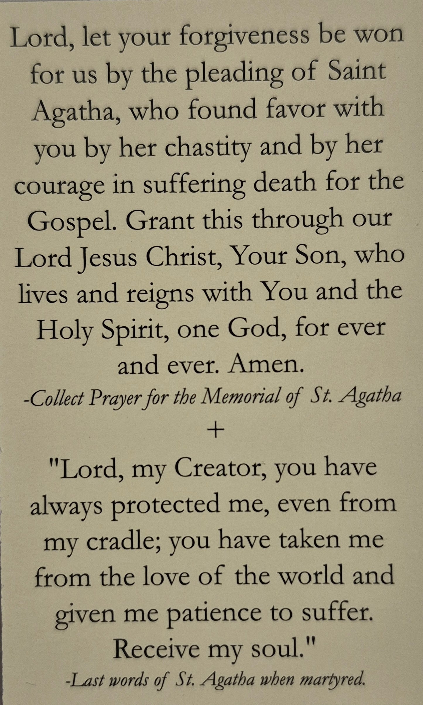 Saint Agatha Prayer Card