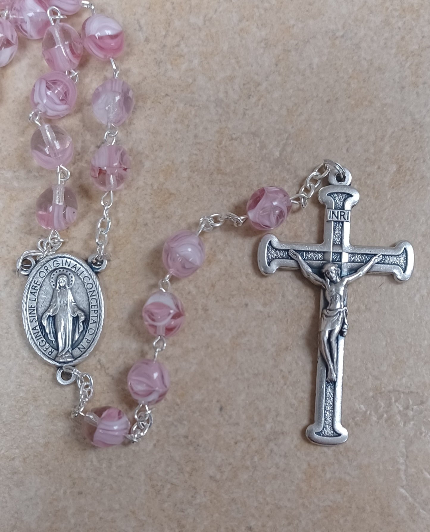 8mm Pink Marbled Rosary