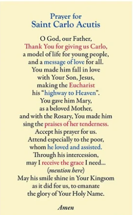 Prayer for Saint Carlo Acutis Laminated Card