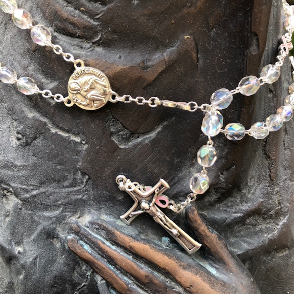 St Peregrine w/Pink Ribbon Iridescent Rosary