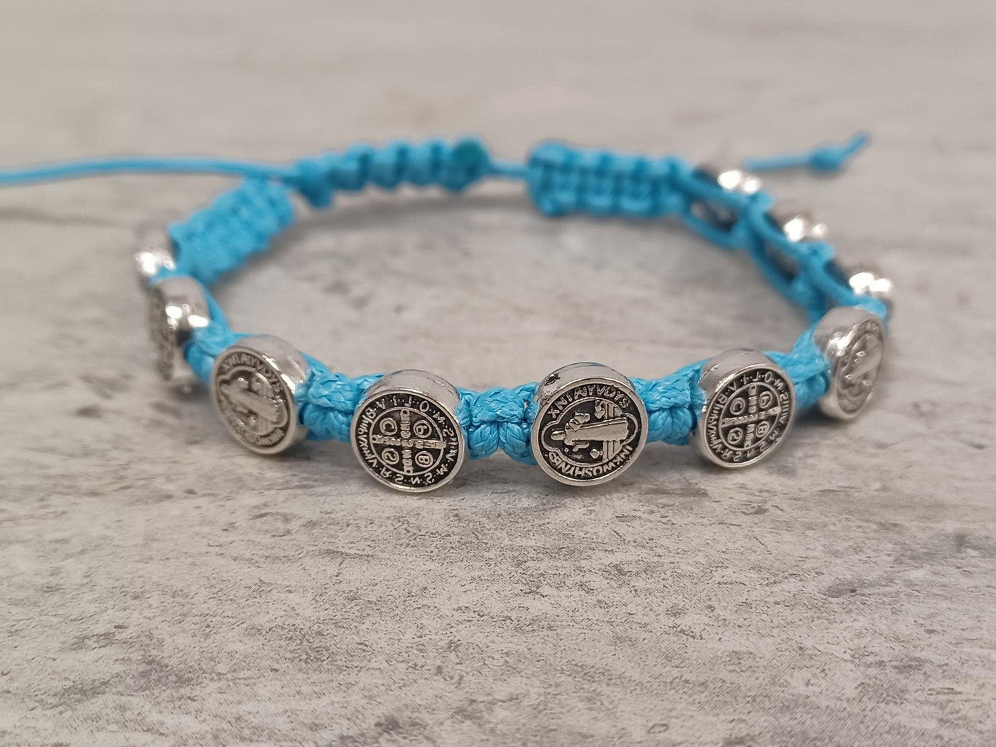 St Benedict Knotted Rosary Bracelet Light Blue