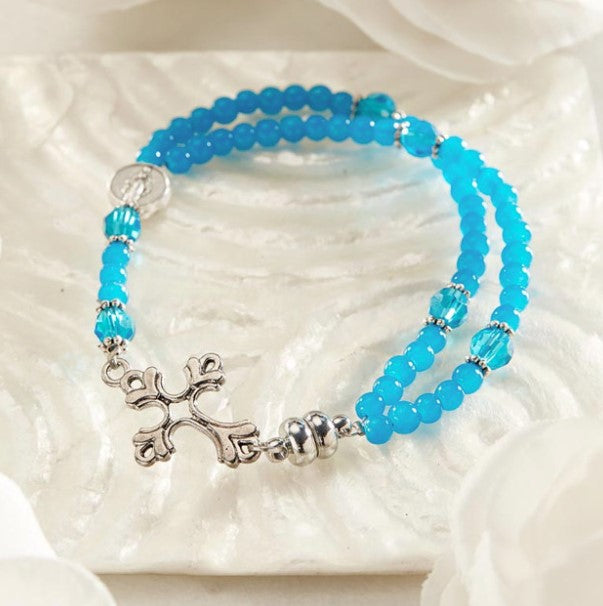 Miraculous Medal Blue Glass Bead Rosary Bracelet