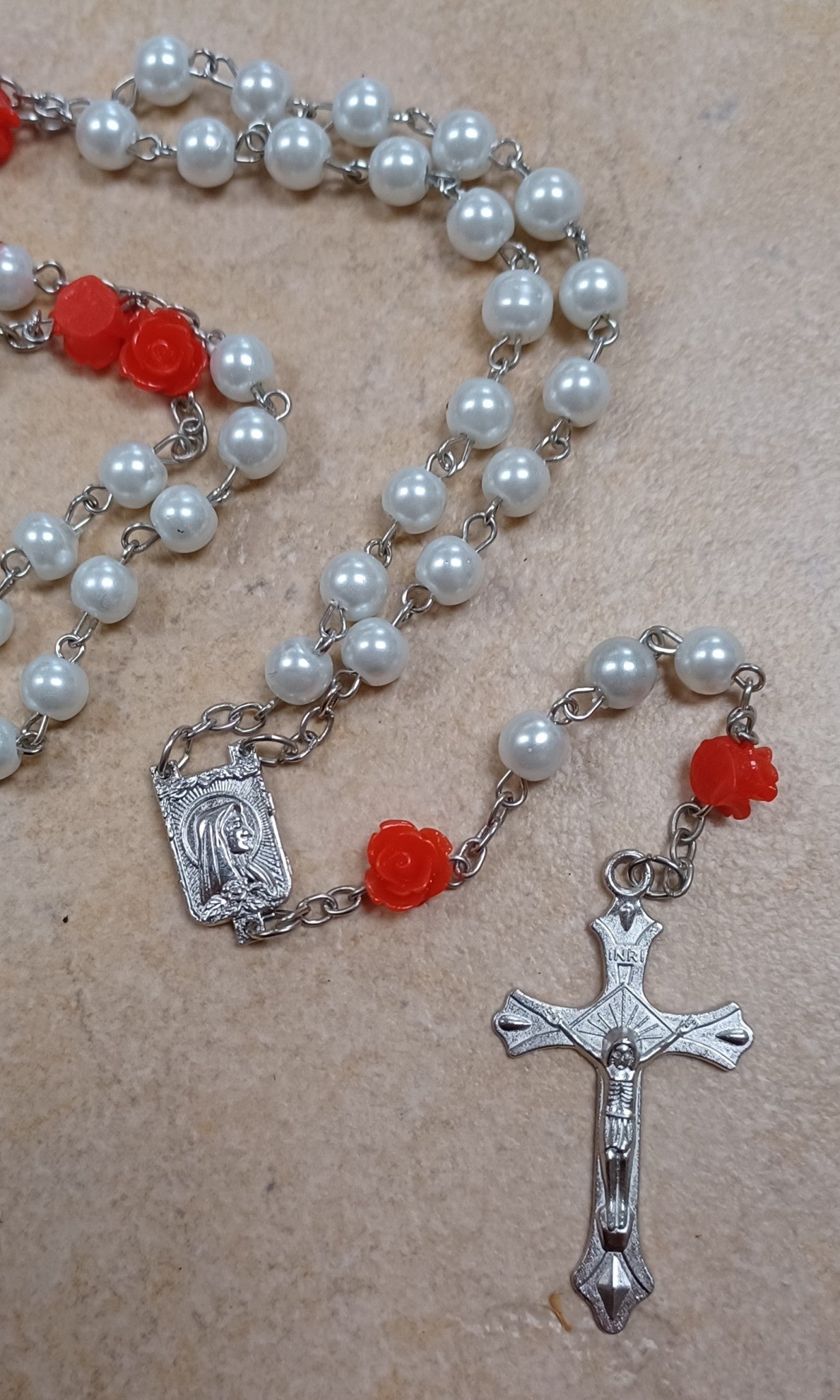 Our Lady of Lourdes White Pearl Rosary w/roses
