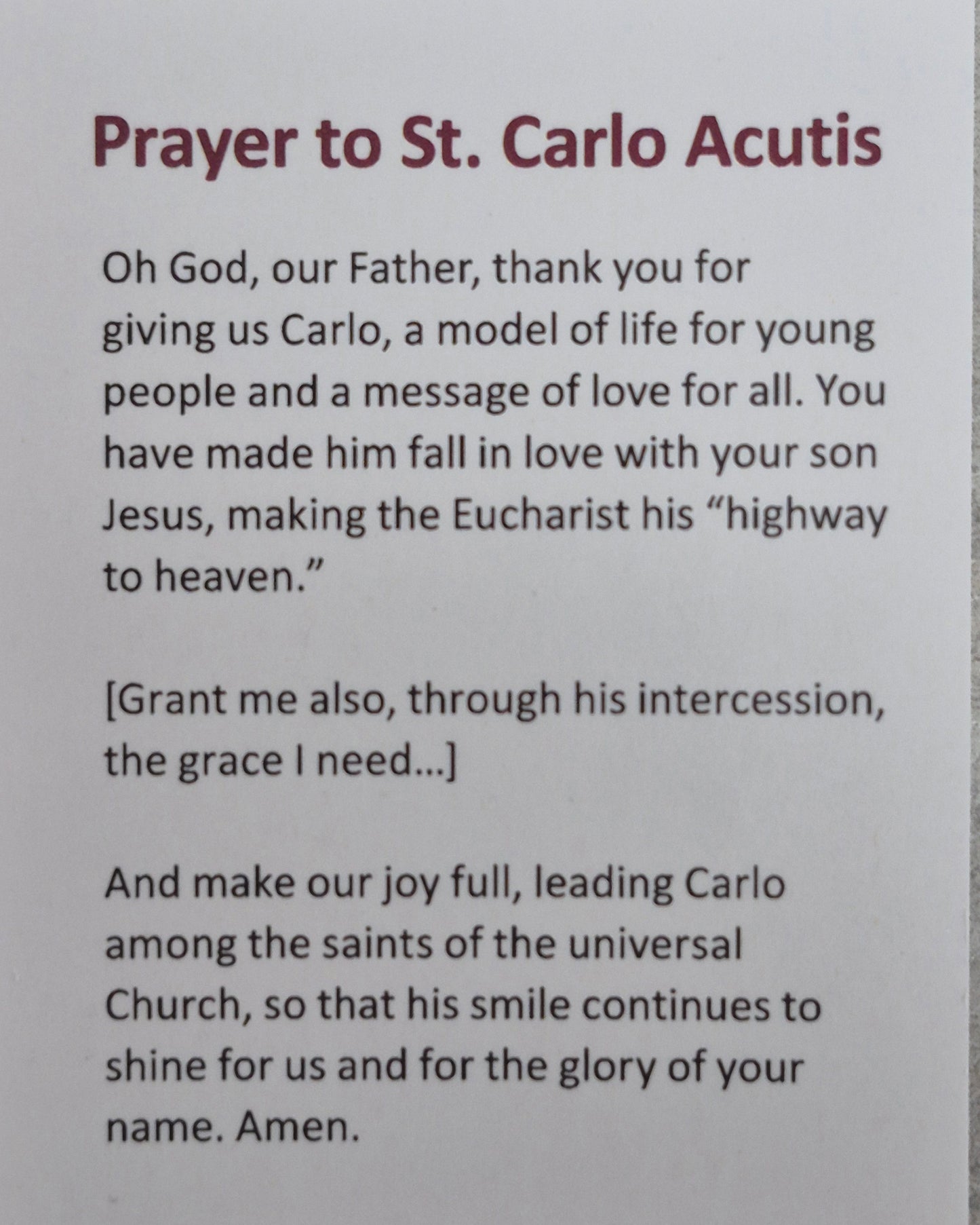 Prayer to St Carlo Acutis w/medal