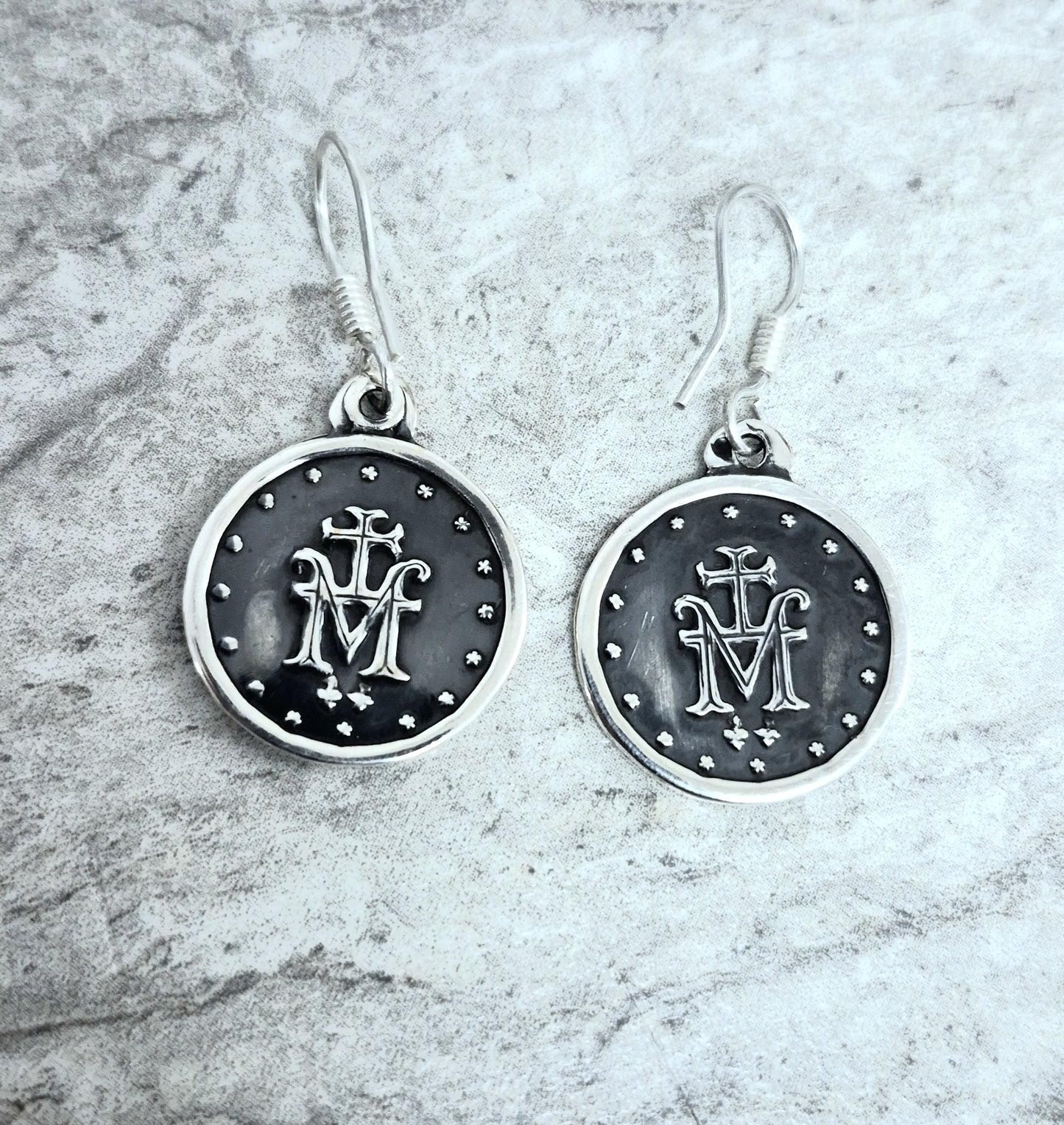 Miraculous Mother Round Sterling Silver Earrings