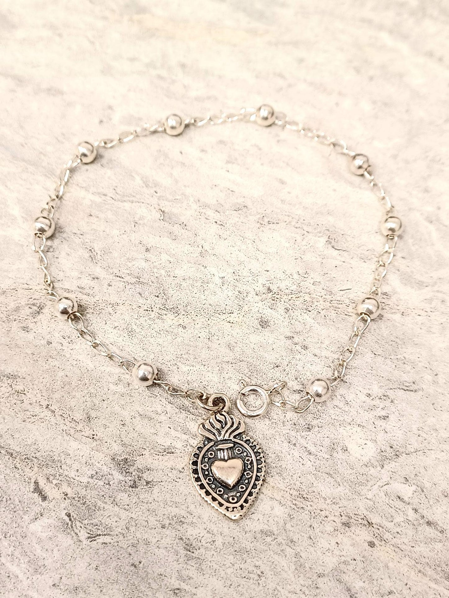 Sacred Heart Sterling Silver Rosary Bracelet 7.5"