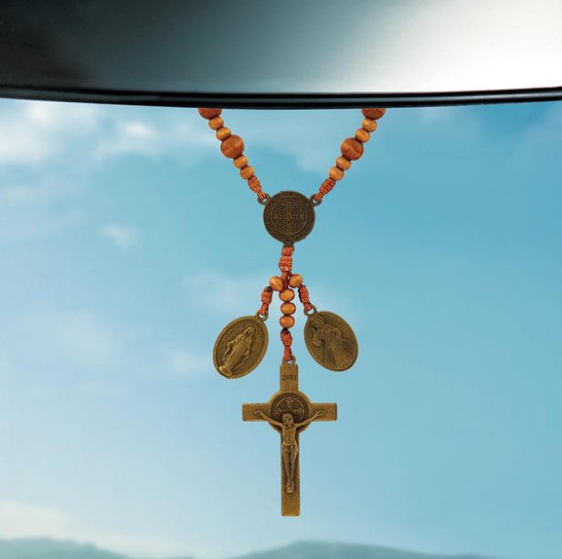 St Benedict Wood Bead Auto Rosary
