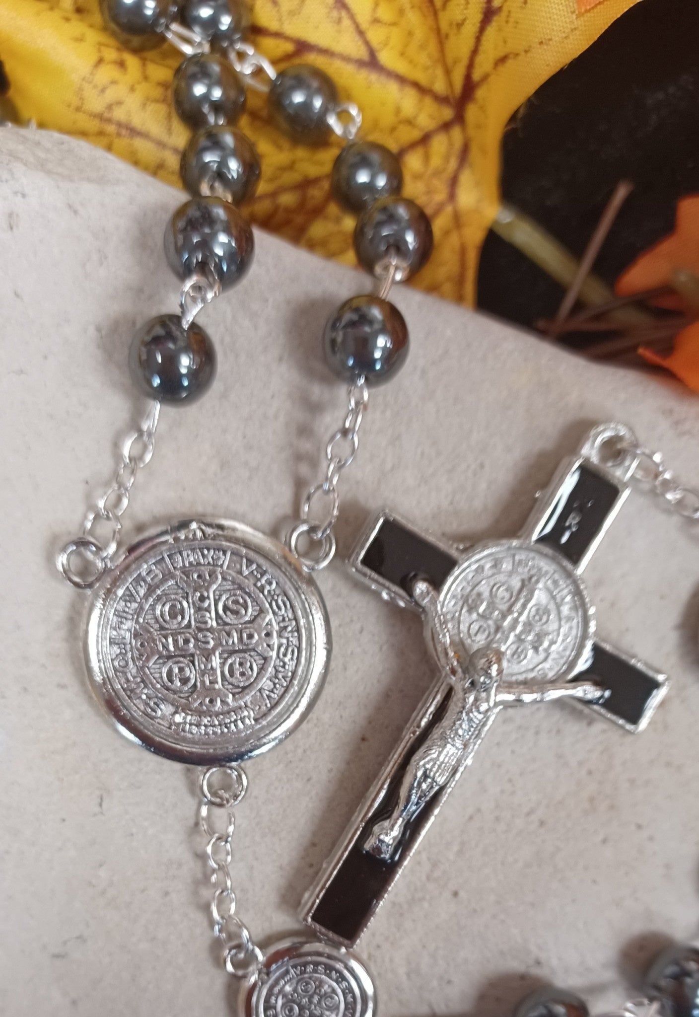 St. Benedict Hematite Bead Rosary