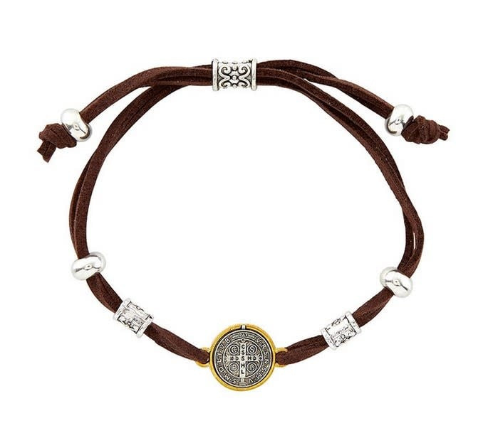 Brown Two-Tone St Benedict Medal Corded Bracelet