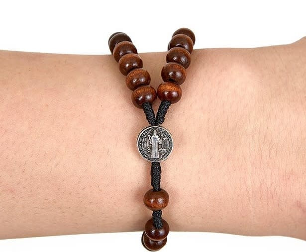St Benedict Y-Style Wood Bead Rosary Bracelet
