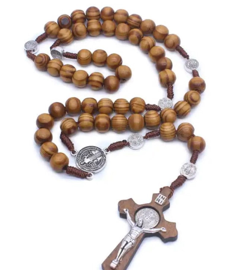 St Benedict Round Wood Bead Rosary w/wooden Crucifix