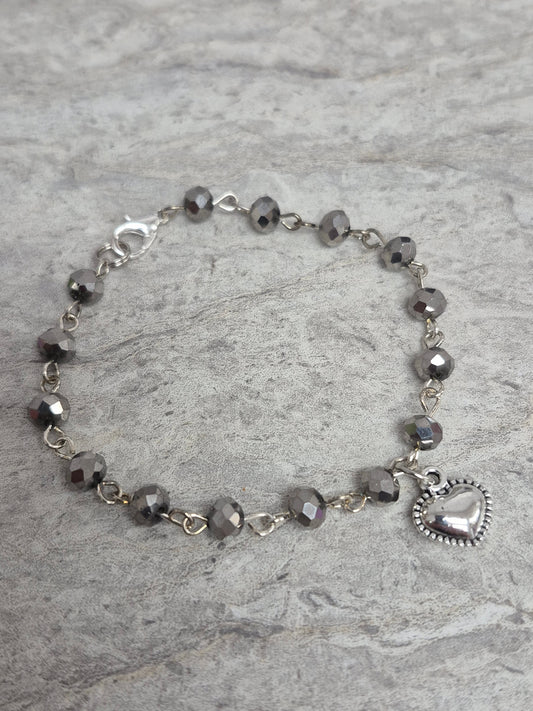 Silver Bead Heart Charm Bracelet