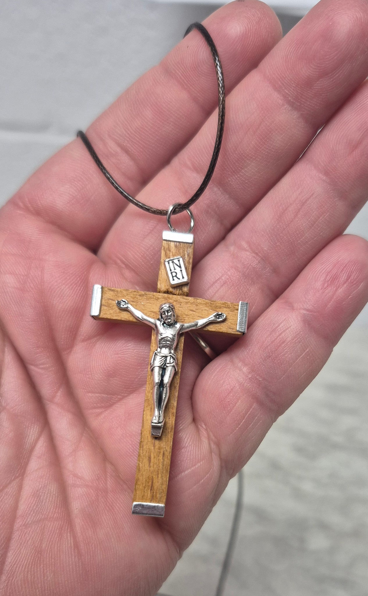 Natural Wood Crucifix w/cord 2.25"