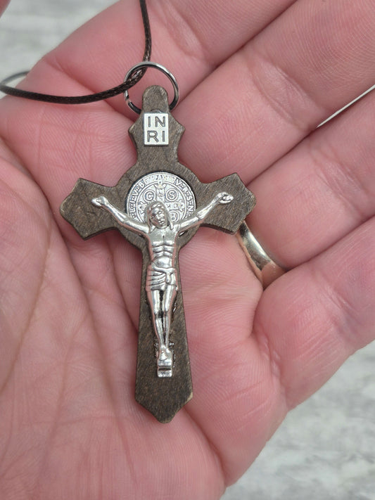 St Benedict Dark Brown Wood Crucifix w/cord