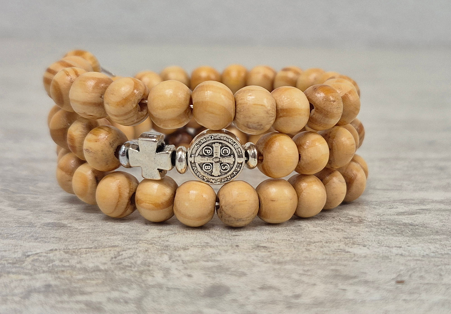 St Benedict Wood Bead Wrap Bracelet