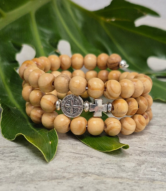 St Benedict Wood Bead Wrap Bracelet