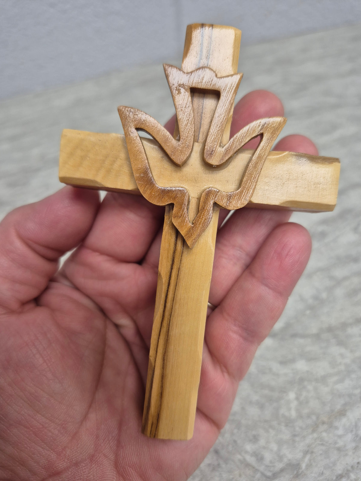 Handmade Holy Spirit Olive Wood Jerusalem Cross 4.75"