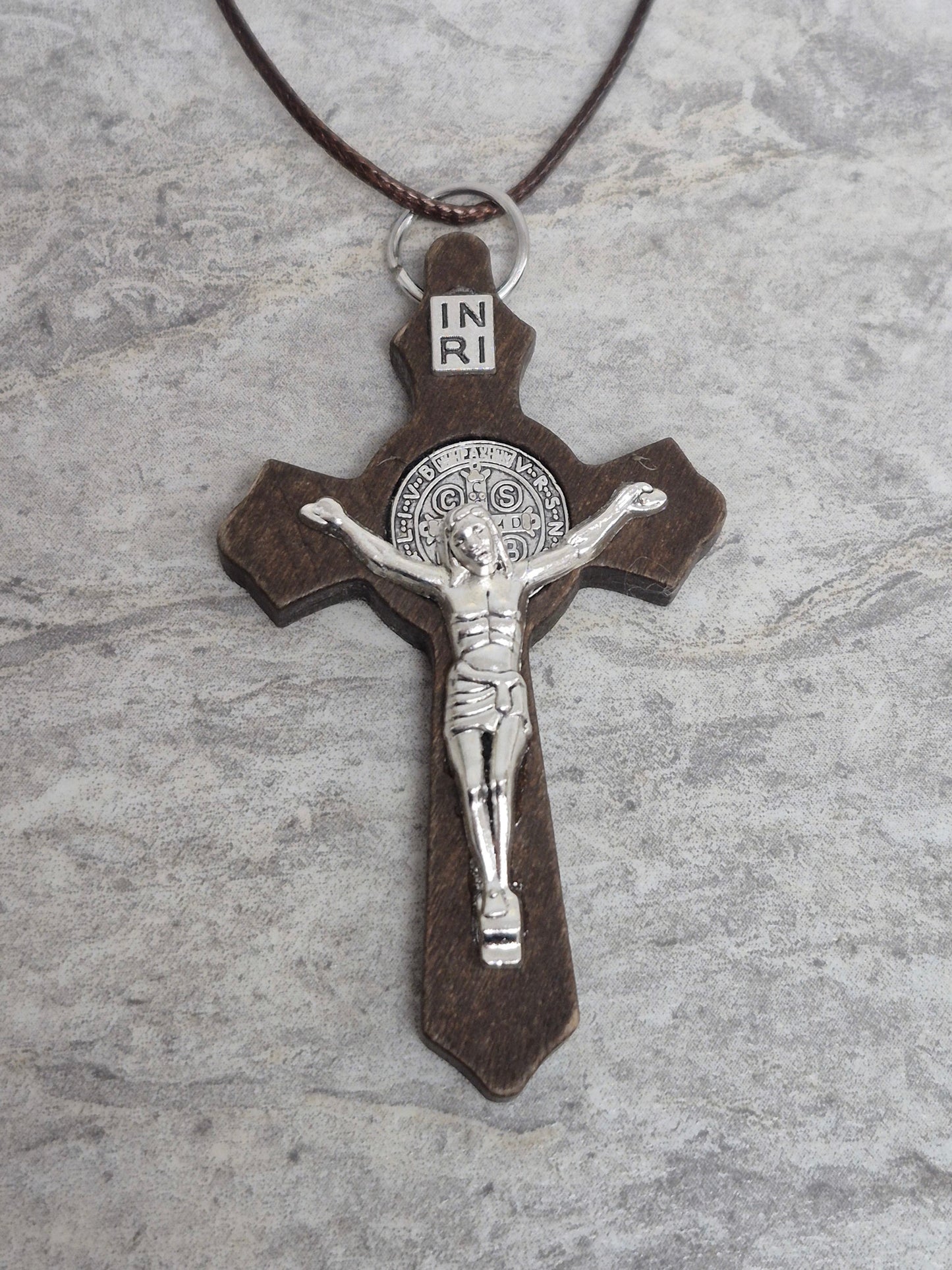 St Benedict Dark Brown Wood Crucifix w/cord