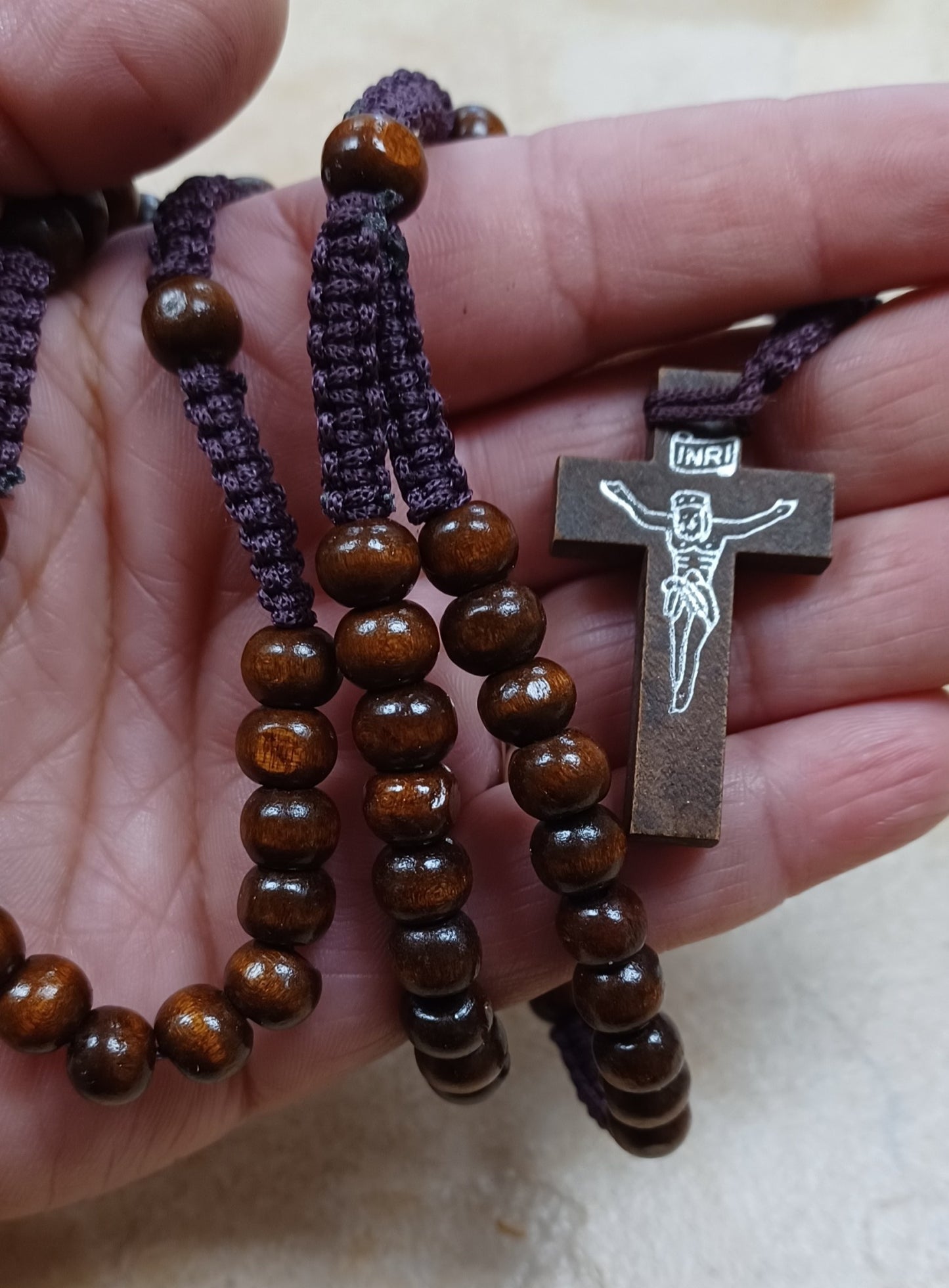 Dark Wood Bead Corded Rosary