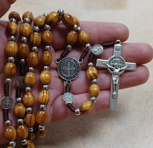 St Benedict Wood Bead Rosary w/metal crucifix