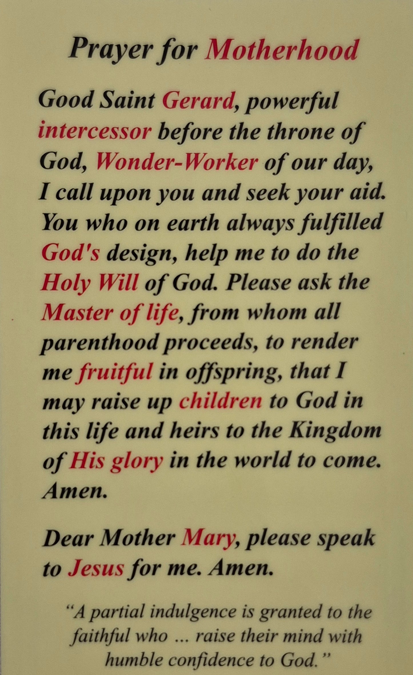 Motherhood Laminated Prayer Card