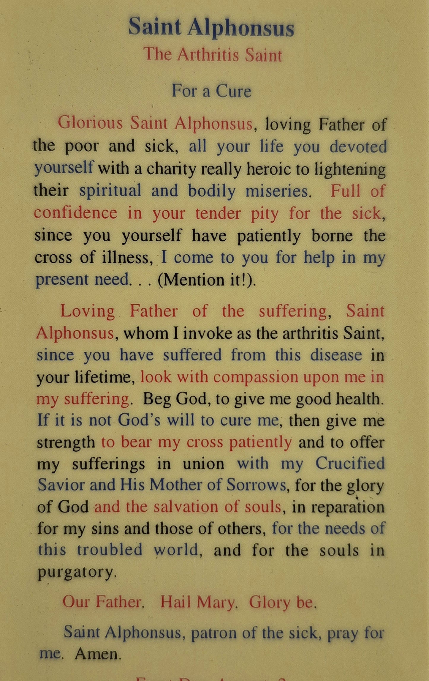 St. Alphonsus Laminated Prayer Card