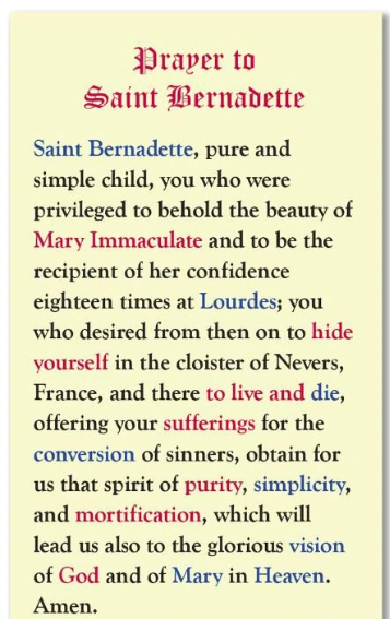 Prayer to Saint Bernadette Laminated Card