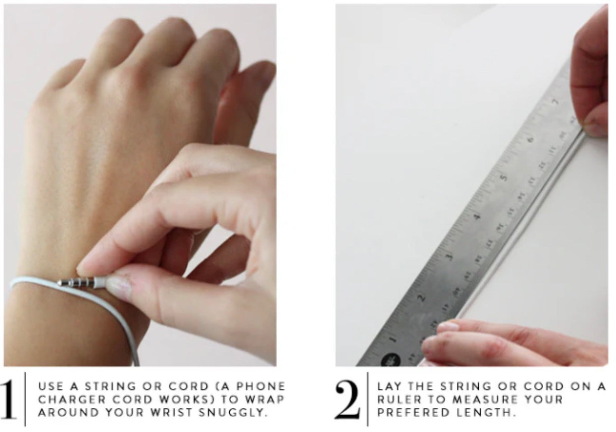 Steps to measure wrist size using a string or cord and a ruler.