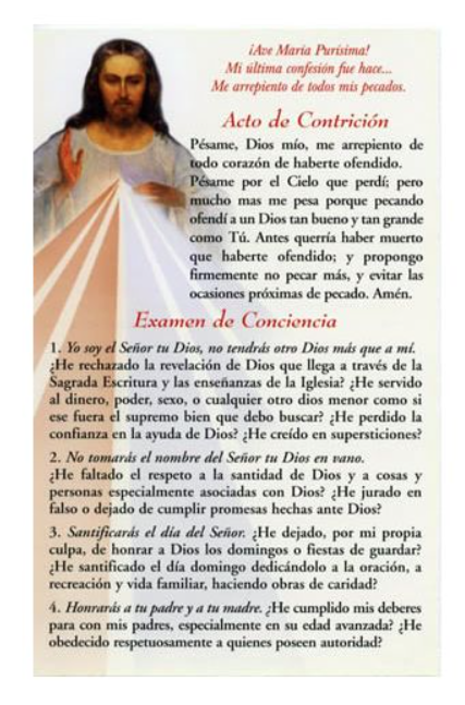 Acto de Contricion y Examen de Conciencia Tarjeta de Oracion