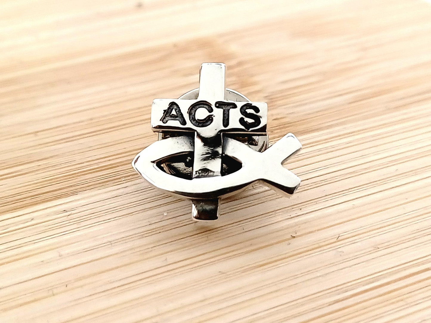 ACTS Fish/Cross Sterling Silver Lapel Pin