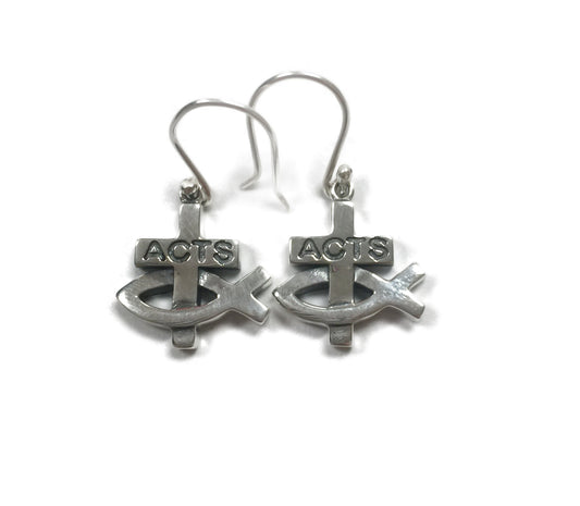 ACTS Sterling Silver Fish Cross Sterling Silver Earrings