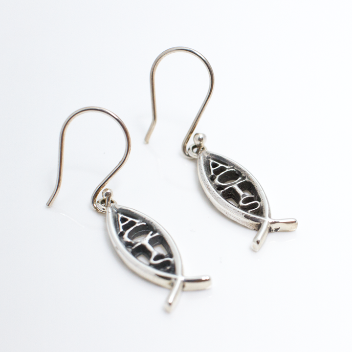 ACTS Vertical Ichthus Sterling Silver Earrings