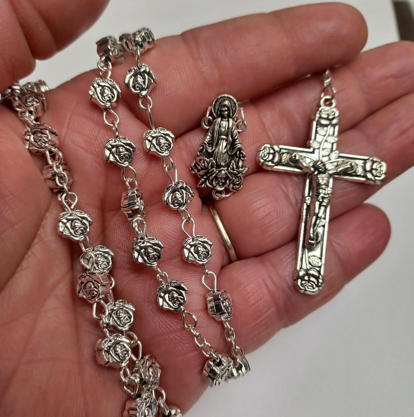 Miraculous Mother Silver Tone Devotional Rose Rosary