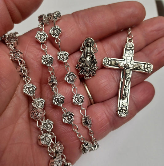 Miraculous Mother Silver Tone Devotional Rose Rosary