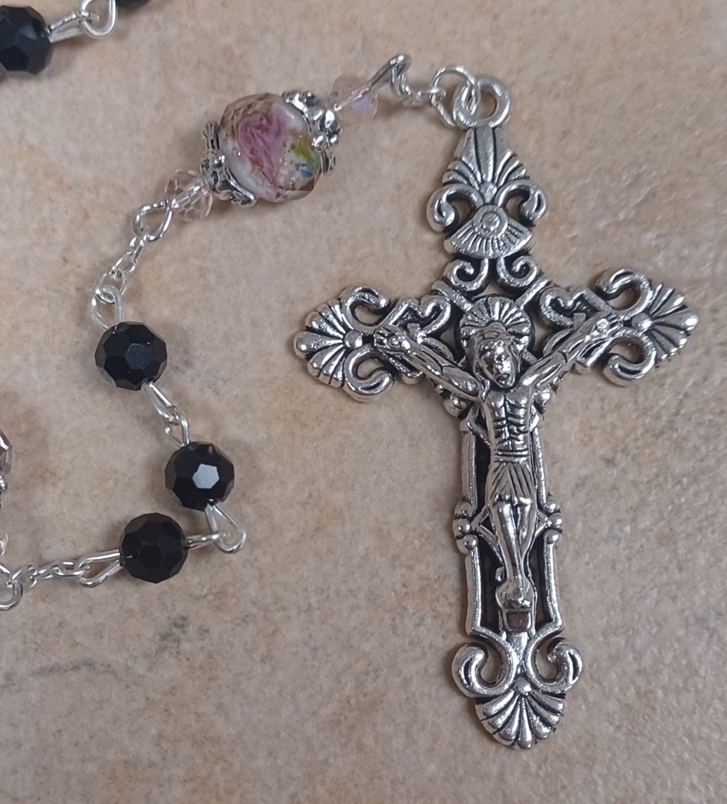 6mm Black Floral Bead Rosary 22"