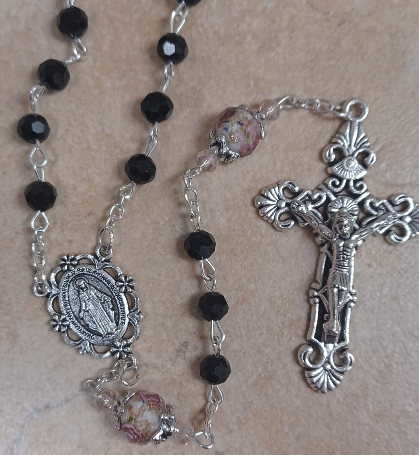 6mm Black Floral Bead Rosary 22"