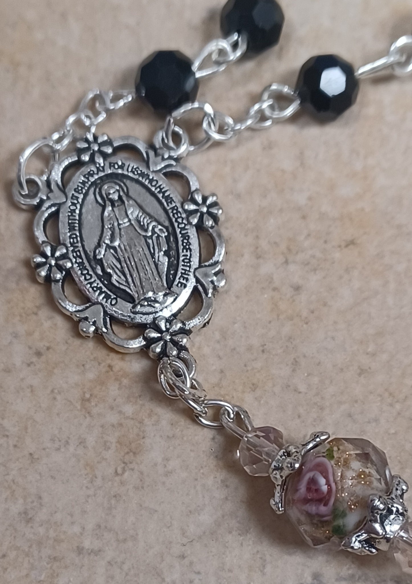 6mm Black Floral Bead Rosary 22"