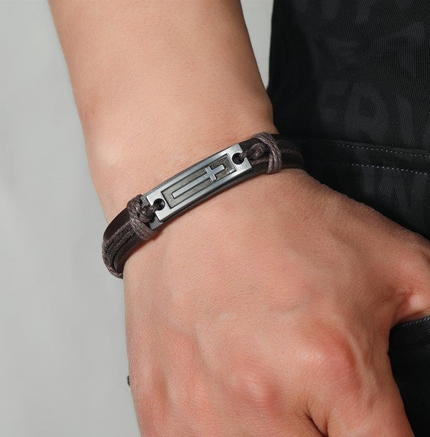 Brown Leather Cross Bracelet