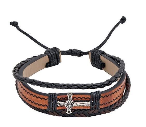 Brown Faux Leather Crucifix Bracelet