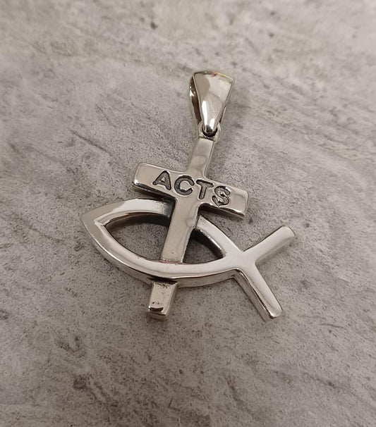 ACTS Large Fish Cross Sterling Silver Pendant