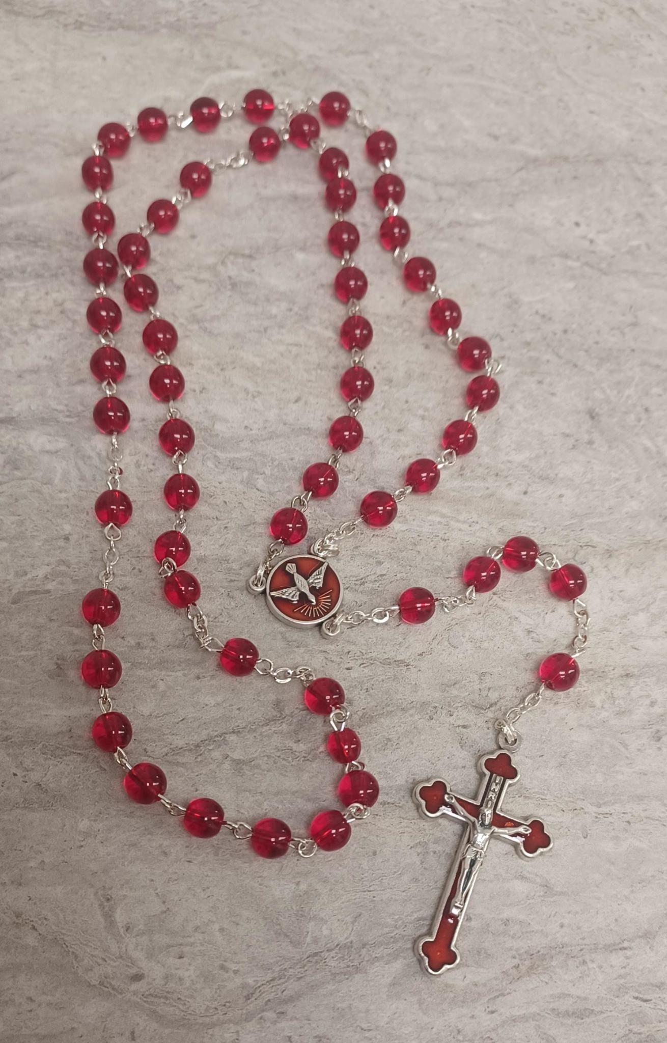 Holy Spirit Red Glass Bead Rosary