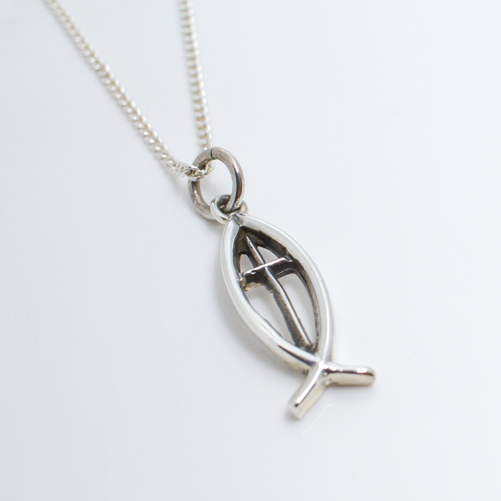 Ichthus w/Cross Sterling Silver Charm