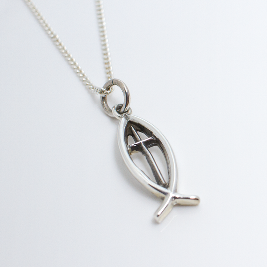 Ichthus w/Cross Sterling Silver Charm