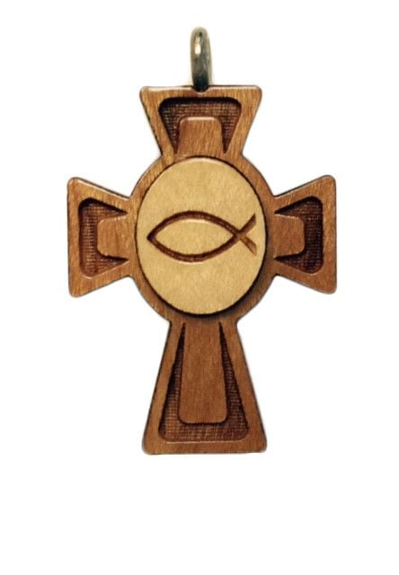 Ichthus in Circle Inlay Wood Cross w/Cord