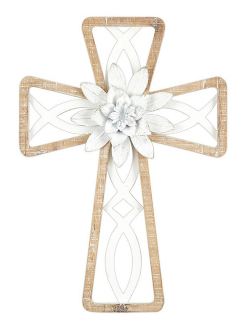 Framed White Ichthus Wall Cross 14"