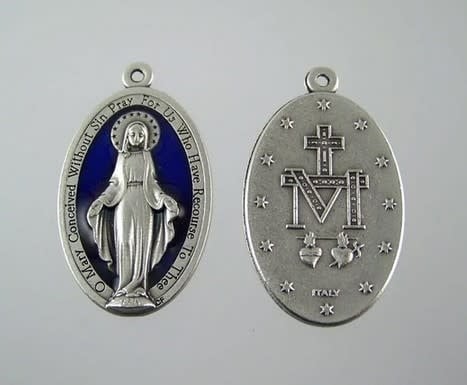 1" Miraculous Medal Blue Pendant w/necklace